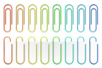Realistic colorful metal paper clips isolated on white background. Page holder, binder. Vector illustration.