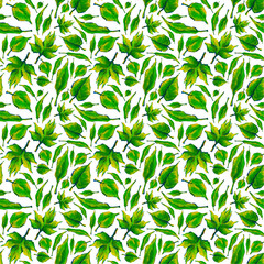 Bright green leaves seamless pattern. Hand-drawn illustration with crayons. Seamless design pattern for textile, paper, packaging, cards.