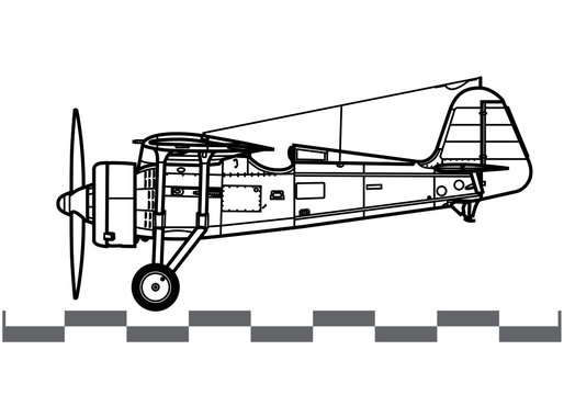 PZL P.11. World War 2 fighter aircraft. Side view. Image for illustration and infographics. 