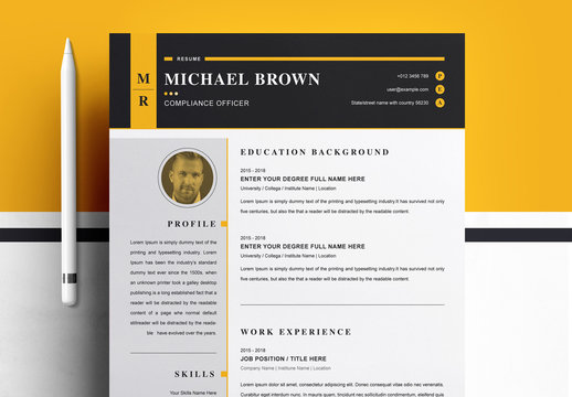 Resume Layout with Black and Yellow Header
