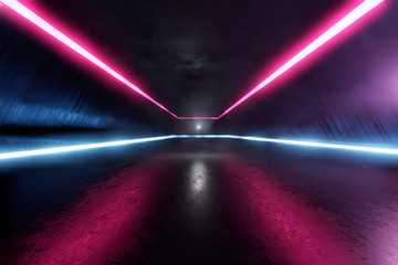 Three dimensional render of futuristic corridor illuminated by blue and purple neon lighting