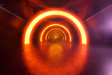 Three dimensional render of futuristic corridor illuminated by orange glowing arches