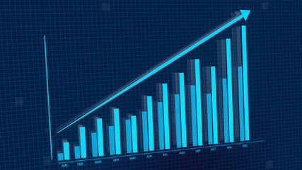 3D rendering illustration of rising blue bar graph chart with up arrow. Stock Market value perfect for presentations.