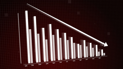 3D rendering of red on black of bar graph chart plummeting. Depiction of stock market value after Covid-19 depression.