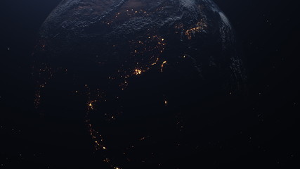 Space view of the planet Earth, going from night to day with city lights.