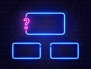 Quiz neon banner set. Glowing question mark. Color neon frames on brick wall. Realistic bright night signboard. Shining neon effect. Vector illustration