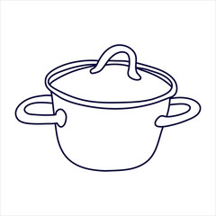 Saucepan with a lid in doodle style. Hand drawn vector illustration in black ink isolated on white background. 