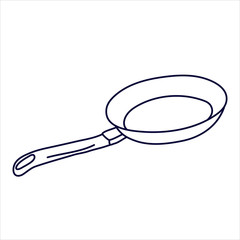 Frying pan in doodle style. Hand drawn vector illustration in black ink isolated on white background. 