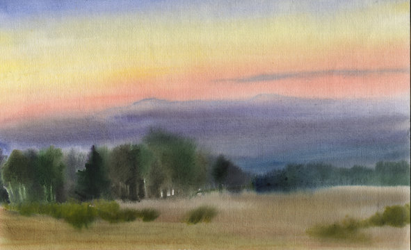 Fog on the field near the forest after sunset. Late summer. Watercolor landscape © iuliiawhite