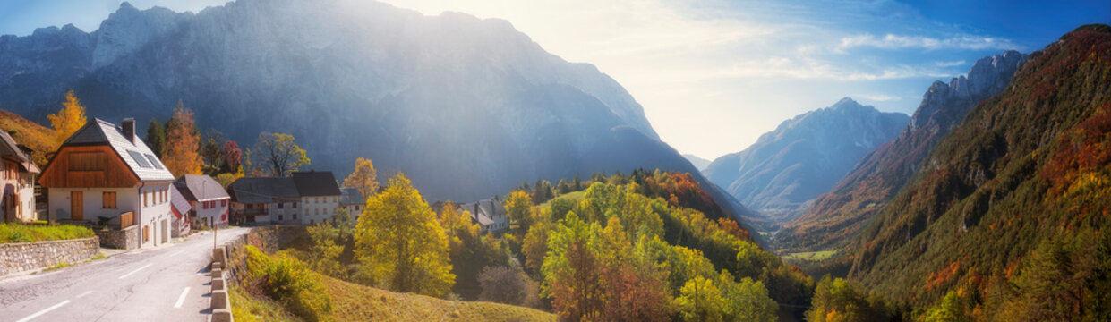 Slovenia, Panorama of village in?Triglav?National Park with forested valley in background