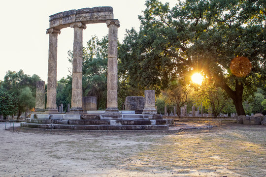 Greece, Olympia, Ruins of ancient Philippeion at sunset