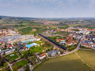 Beautiful top view on Bad Dürkheim. View of the salinarium. Park in the resort town. Germany.