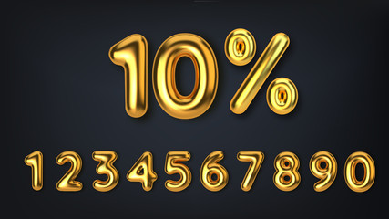 Set off discount promotion sale made of realistic 3d gold balloons. Number in the form of golden balloons. Template for products, advertizing, web banners, leaflets, certificates and postcards. Vector