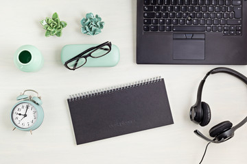 Stationary and office supplies, home office desktop organisation, online business, work from home concept