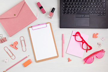 Stationary and office supplies, home office desktop organisation, online business, work from home concept