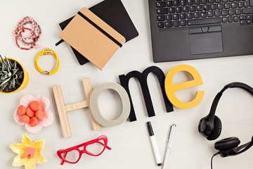 Stationary and office supplies, home office desktop organisation, online business, work from home concept