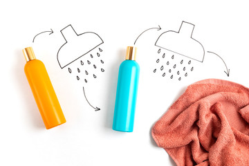 Shower and bath accessories, shampoo, conditioner, gel, body milk, towel. Daily hygiene routine