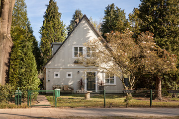 An authentic Dutch house in Eindhoven surrounded by trees with blossoms and greenery on a sunny day during spring time creating an idyllic scenery