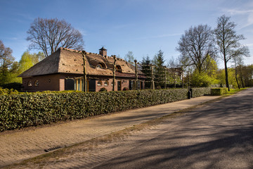 Fototapeta na wymiar An authentic Dutch house with a straw roofing in Eindhoven surrounded by trees, a green hedge and greenery on a sunny day during spring time creating an idyllic scenery