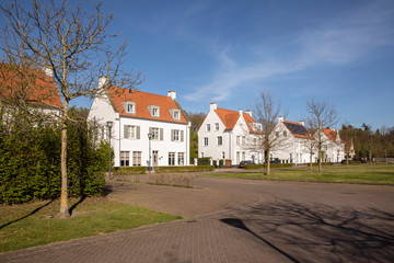 Modern white Dutch houses with an orange roof in Eindhoven surrounded by trees, a green hedge and greenery on a sunny day during spring time creating an idyllic scenery