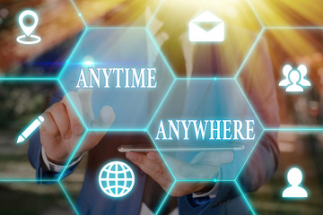 Writing note showing Anytime Anywhere. Business concept for saying that you can do something at every place and moment