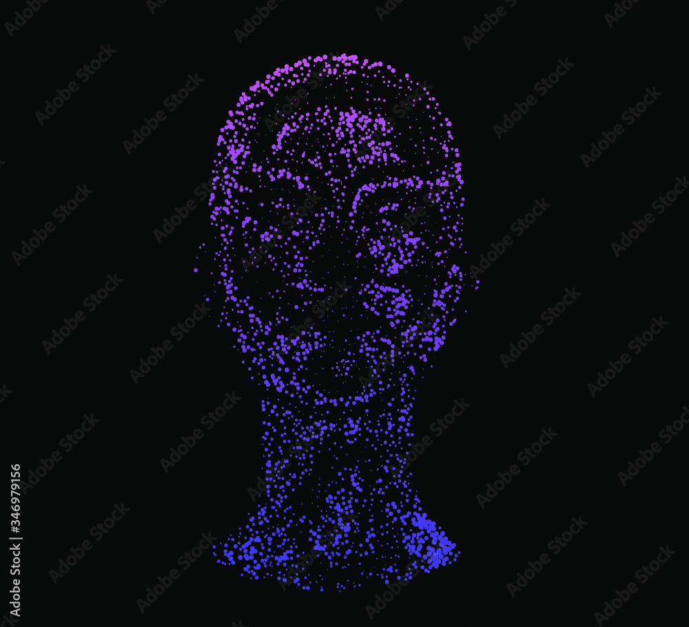 Poster Human head made of partices on dark background. Face made with generative computer art algorithm. Concept of artificial intelligence, Machine learning and neural networks.