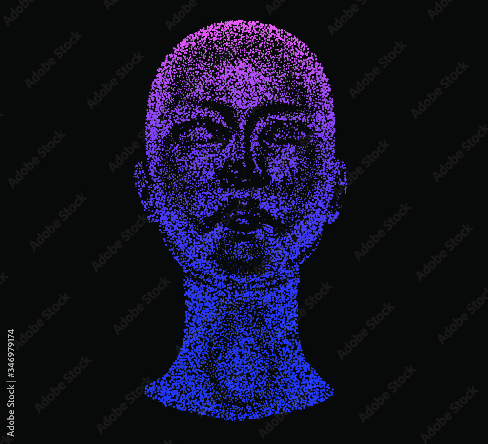 Aufkleber Human head made of partices on dark background. Face made with generative computer art algorithm. Concept of artificial intelligence, Machine learning and neural networks.