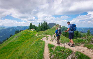 Fototapeta na wymiar Two men hiking along footpath with flowers and summer meadow in the mountain of Nagelfluhkette, clouds in the sky, Allgäu Oberstaufen Germany.