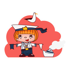 vector illustration of a little sailor boy on a red background with flags, smiling and waving. for design and prints.