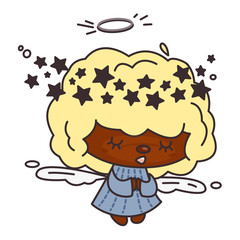 Vector angel with a halo, in a blue dress, with blond hair and dark skin. He prays and sings. Children's illustration for prints, logos and animations.