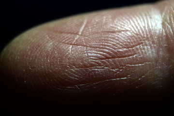 Closeup of woman's fingerprint macro, unique pattern of lines on the fingerprint