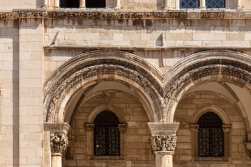 The Sponza palace in the Old Town of Dubrovnik, built in the 16th Century, shot on a sunny day in summer in, Dalmatia, Croatia, Europe. Gothic and renaissance mixed style