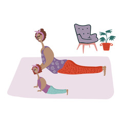 Illustration of mom with daughter occupations fitness at home. Freehand drawing illustrating the process of yoga parents with a child. Family drawing, kids wellness fitness exercise. Image shows