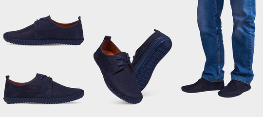 Men's suede blue summer shoes with perforation and elastic black sole. Isolated on a white background.