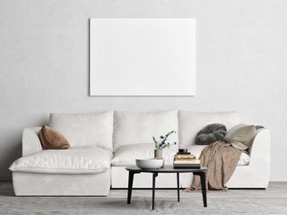 Mockup poster, Scandinavian Living room design, 3d render, 3d illustration