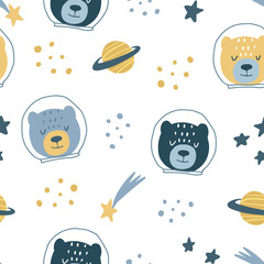 Cute seamless hand drawn pattern with bear cosmonaut, stars, space. Scandinavian style. Vector illustration for kids, nursery,  fabric etc