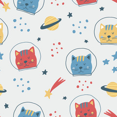 Cute seamless hand drawn pattern with cat cosmonaut, stars, space. Scandinavian style. Vector illustration for kids, nursery,  fabric etc