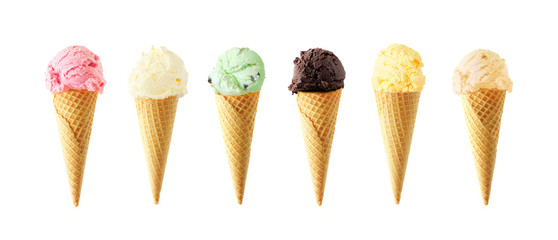 Large assortment of ice cream cones. Various flavors isolated on a white background