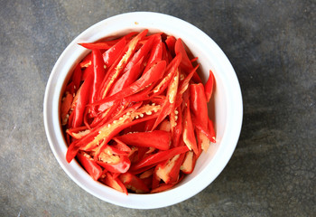 slice of red chili in cup ready for cooking