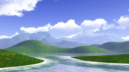 3D landscape with grassy hills and blue cloudy sky