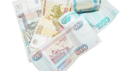 Russian currency isolated on a white background. Banknotes of fifty, one hundred and five hundred rubles. Closeup. On the bill it says 