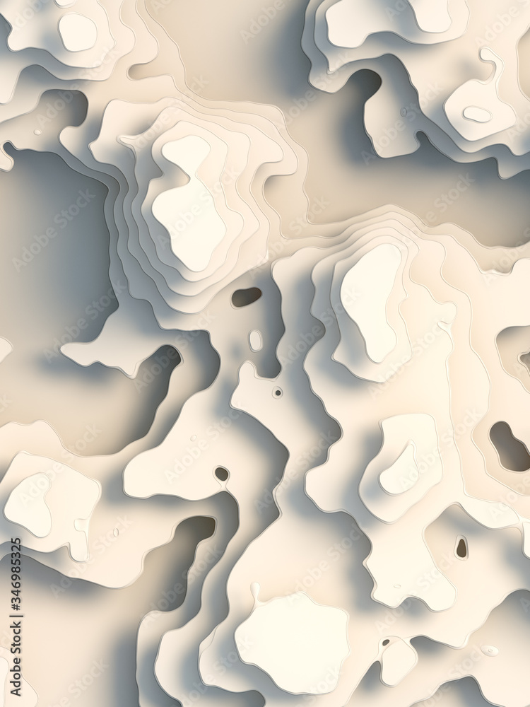 Poster 3d render white paper cut abstract background. topography map geometric pattern