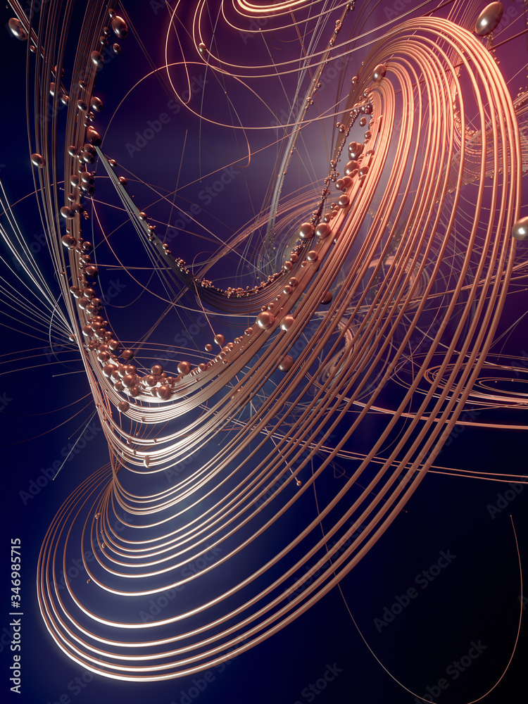 Poster weave luxury gold lines with shiny beads. astract composition. 3d rendering