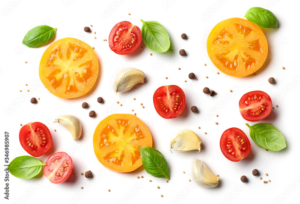 Wall mural flat lay composition of tomato and basil