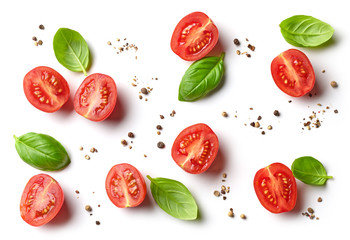 flat lay composition of tomato and basil