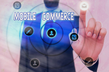 Conceptual hand writing showing Mobile Commerce. Concept meaning Using mobile phone to conduct...