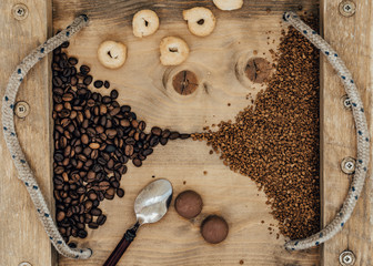 coffee beans on wooden background
