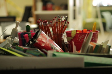 desk with pencils