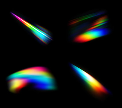 small abstract colorful rainbow light leak prism flare photography overlay on black background