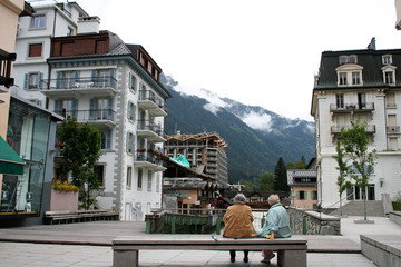 Older women resting at Chamonix Village in French Alps France.